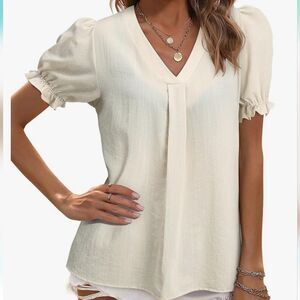 Women Puff Creme Sleeve‎ Shirt Ruffle SS V-Neck Top Summer Loose Fit Large NEW